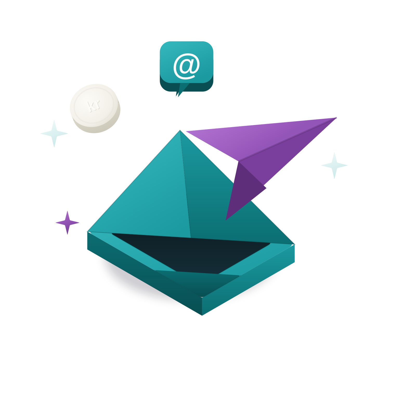 Isometric 3D illustration: an open envelope with a violet paper plane and an @ badge